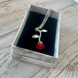New Beautiful Red Tipped Rose Silver Chain Necklace 21”